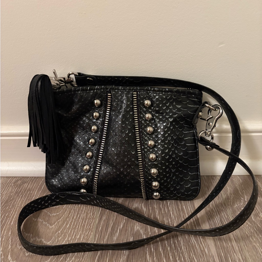 Betsey Johnson Black Studded Crossbody Bag With Snakeskin Texture